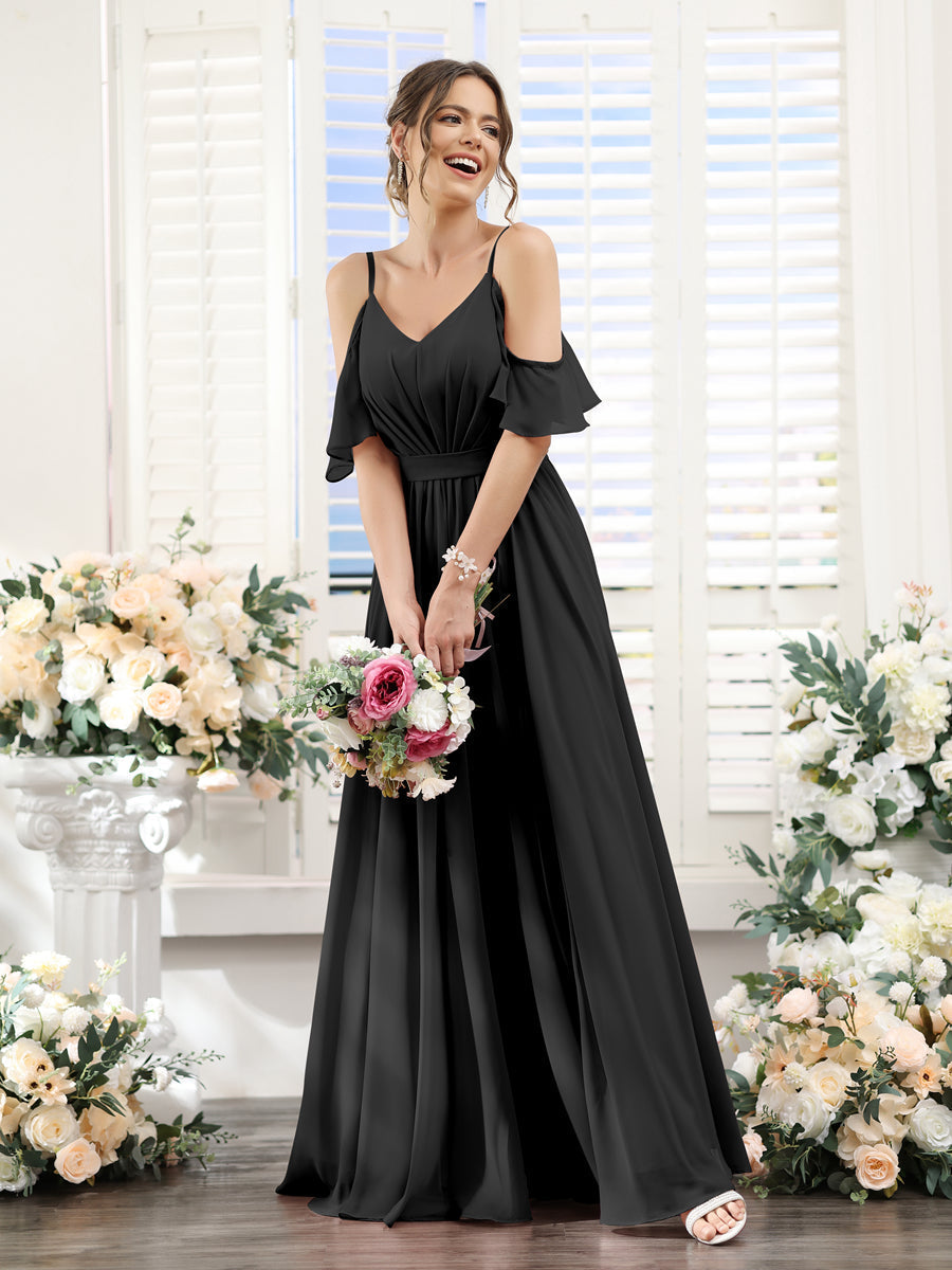 Vestidos de Dama de Honra Em Chiffon Linha A com Alças Finas e Franzidos Laterais Divididas Até O Chão