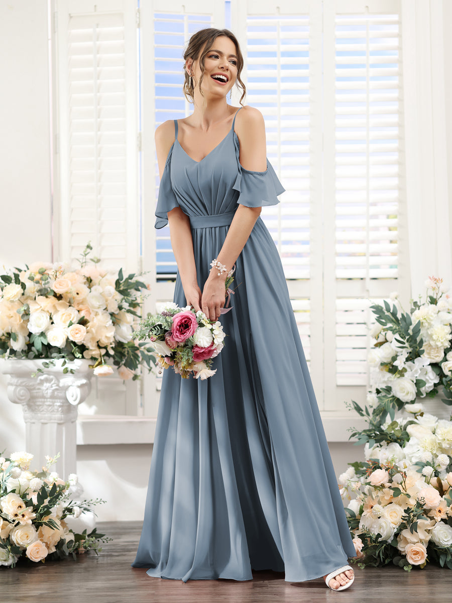 Vestidos de Dama de Honra Em Chiffon Linha A com Alças Finas e Franzidos Laterais Divididas Até O Chão