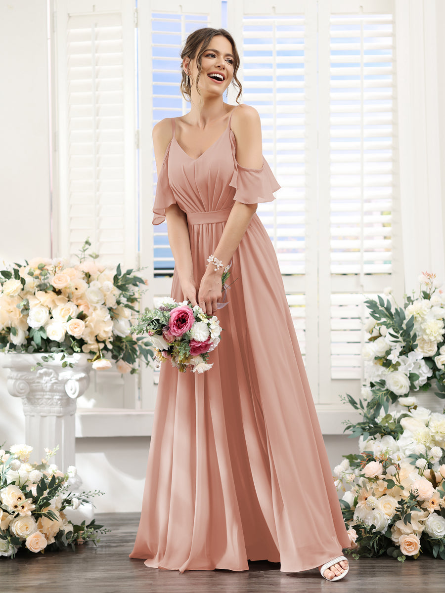 Vestidos de Dama de Honra Em Chiffon Linha A com Alças Finas e Franzidos Laterais Divididas Até O Chão