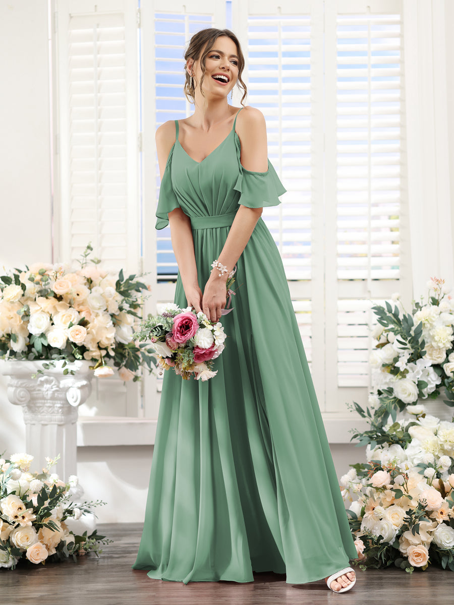 Vestidos de Dama de Honra Em Chiffon Linha A com Alças Finas e Franzidos Laterais Divididas Até O Chão
