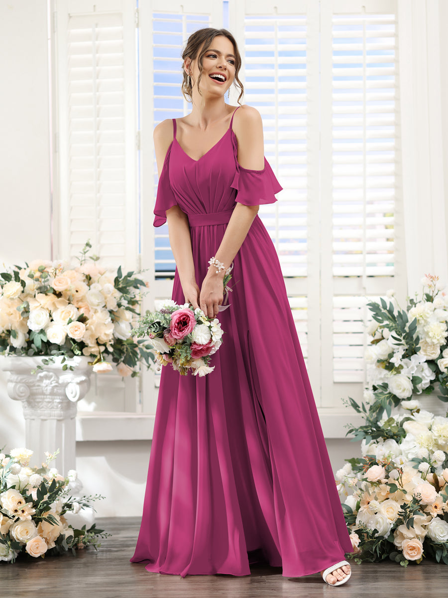 Vestidos de Dama de Honra Em Chiffon Linha A com Alças Finas e Franzidos Laterais Divididas Até O Chão