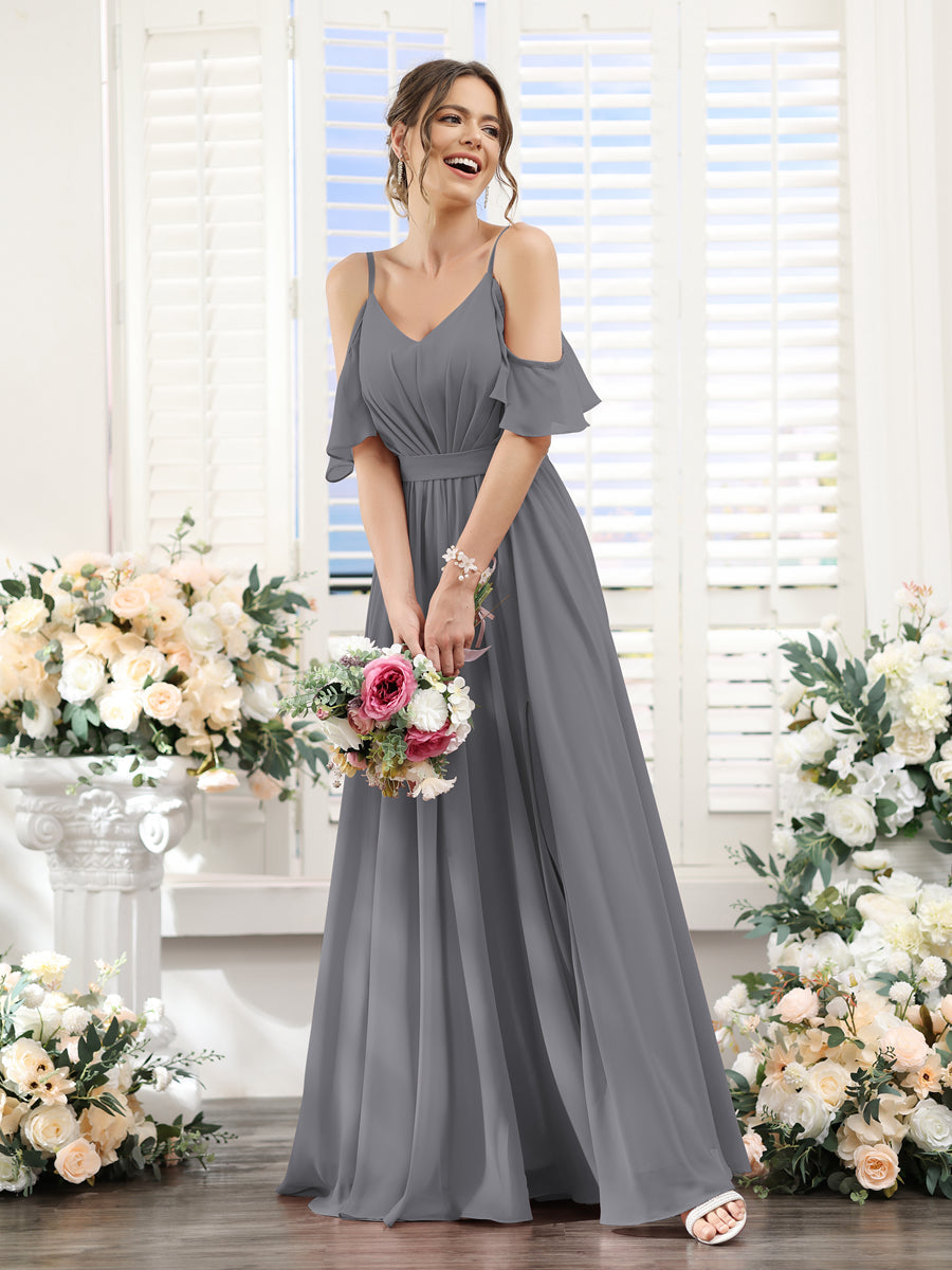 Vestidos de Dama de Honra Em Chiffon Linha A com Alças Finas e Franzidos Laterais Divididas Até O Chão