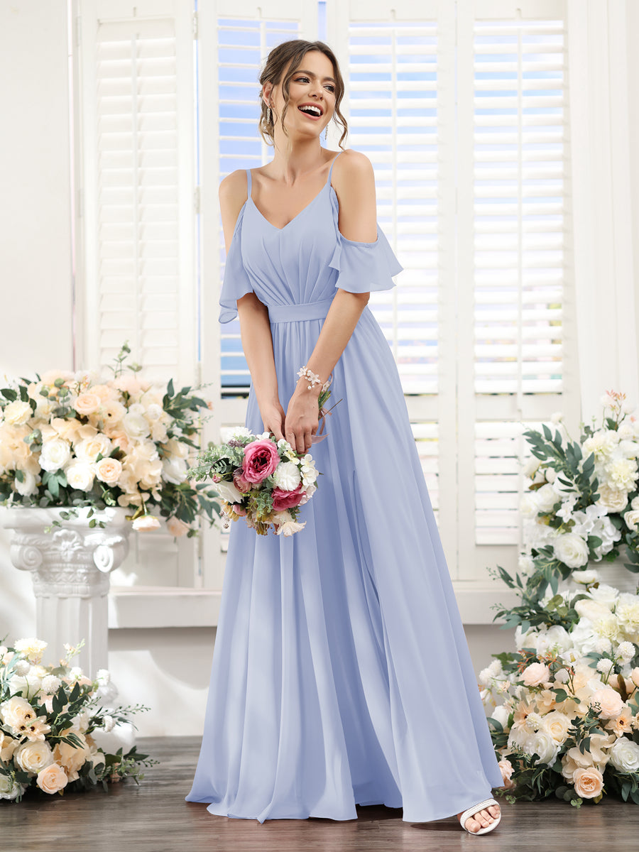 Vestidos de Dama de Honra Em Chiffon Linha A com Alças Finas e Franzidos Laterais Divididas Até O Chão