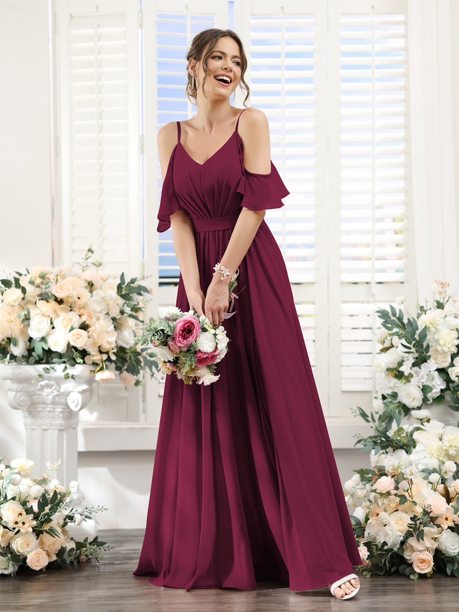 Vestidos de Dama de Honra Em Chiffon Linha A com Alças Finas e Franzidos Laterais Divididas Até O Chão