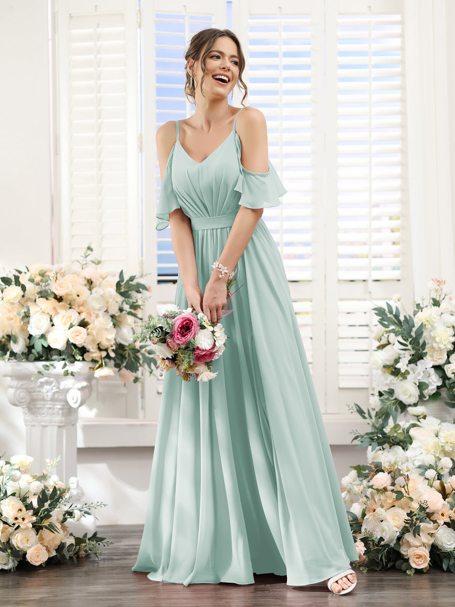 Vestidos de Dama de Honra Em Chiffon Linha A com Alças Finas e Franzidos Laterais Divididas Até O Chão
