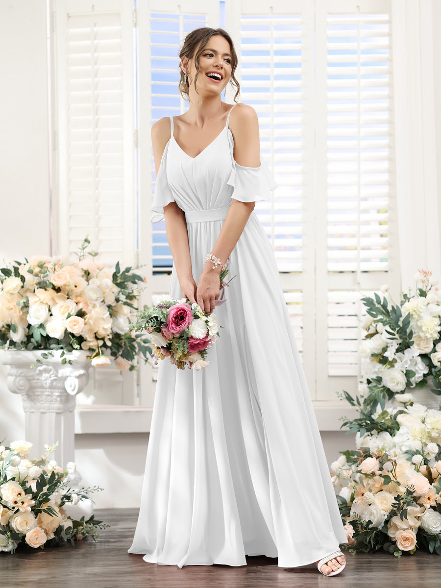 Vestidos de Dama de Honra Em Chiffon Linha A com Alças Finas e Franzidos Laterais Divididas Até O Chão