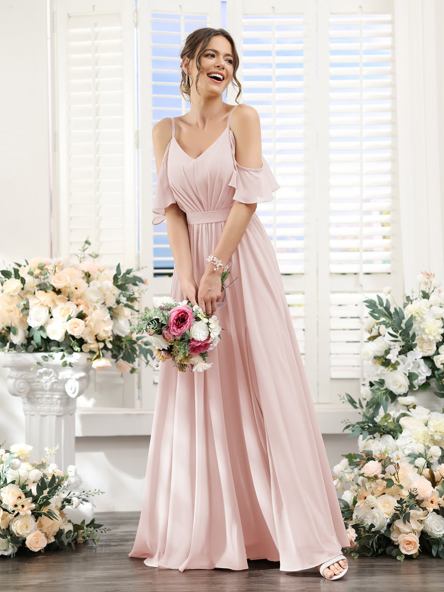 Vestidos de Dama de Honra Em Chiffon Linha A com Alças Finas e Franzidos Laterais Divididas Até O Chão