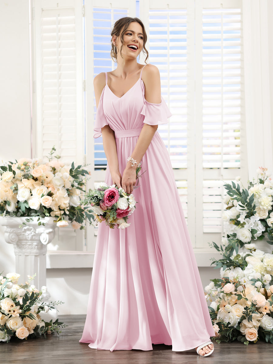 Vestidos de Dama de Honra Em Chiffon Linha A com Alças Finas e Franzidos Laterais Divididas Até O Chão