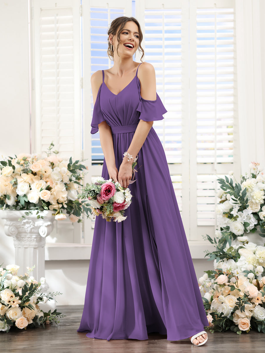 Vestidos de Dama de Honra Em Chiffon Linha A com Alças Finas e Franzidos Laterais Divididas Até O Chão