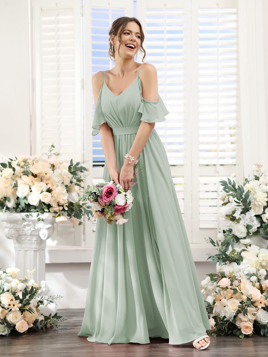 Vestidos de Dama de Honra Em Chiffon Linha A com Alças Finas e Franzidos Laterais Divididas Até O Chão