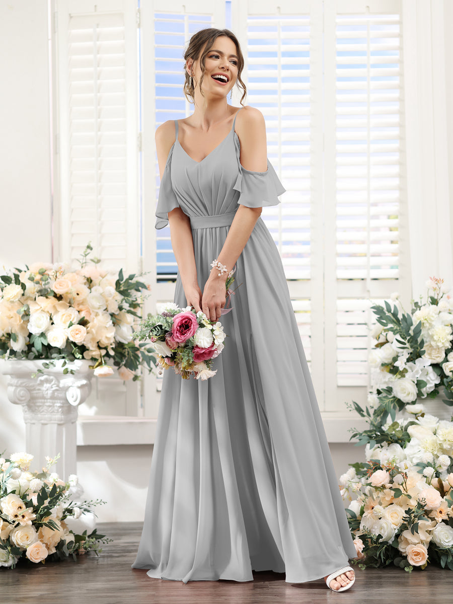 Vestidos de Dama de Honra Em Chiffon Linha A com Alças Finas e Franzidos Laterais Divididas Até O Chão