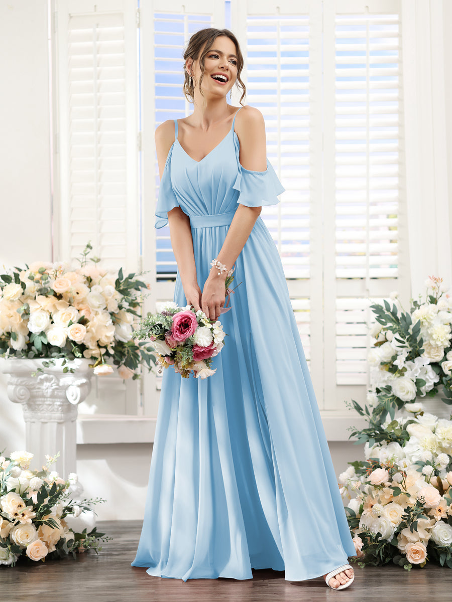 Vestidos de Dama de Honra Em Chiffon Linha A com Alças Finas e Franzidos Laterais Divididas Até O Chão