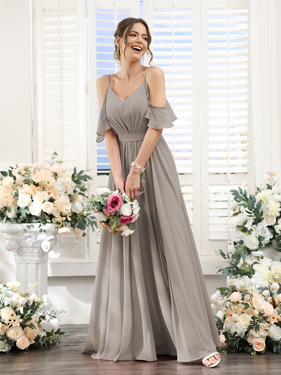 Vestidos de Dama de Honra Em Chiffon Linha A com Alças Finas e Franzidos Laterais Divididas Até O Chão