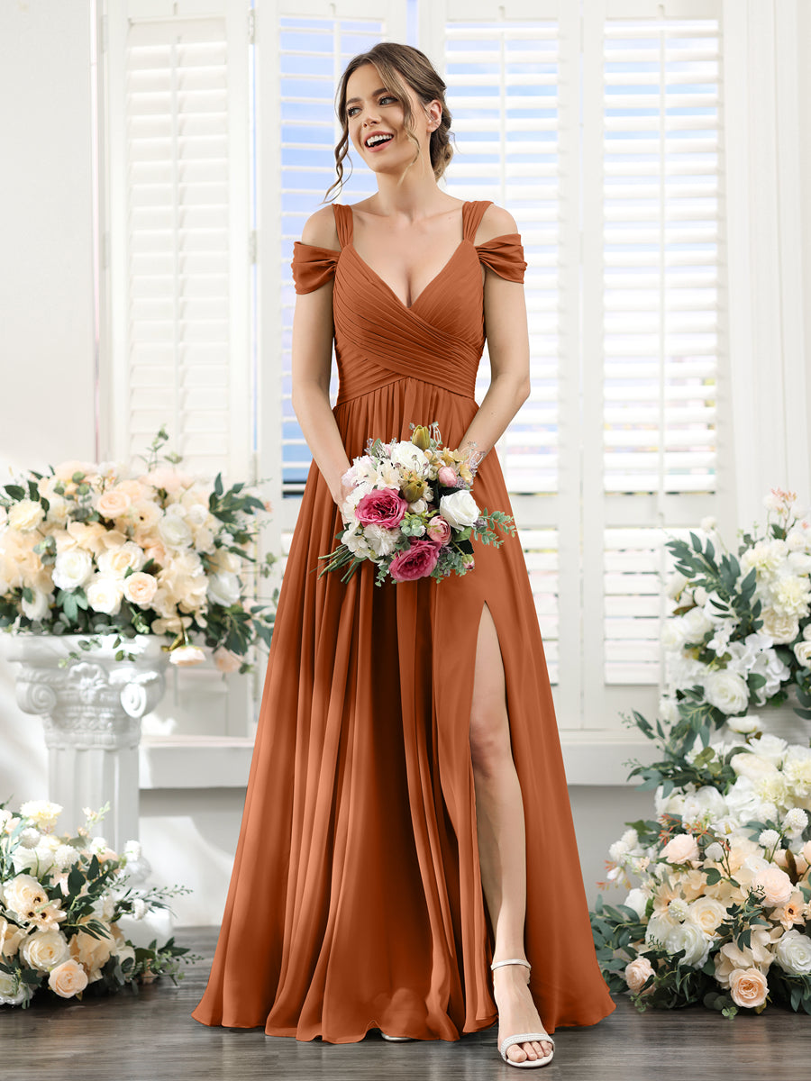 Vestidos de Dama de Honra Em Chiffon Linha A com Decote Em V Dividido Lateral Franzido Até O Chão