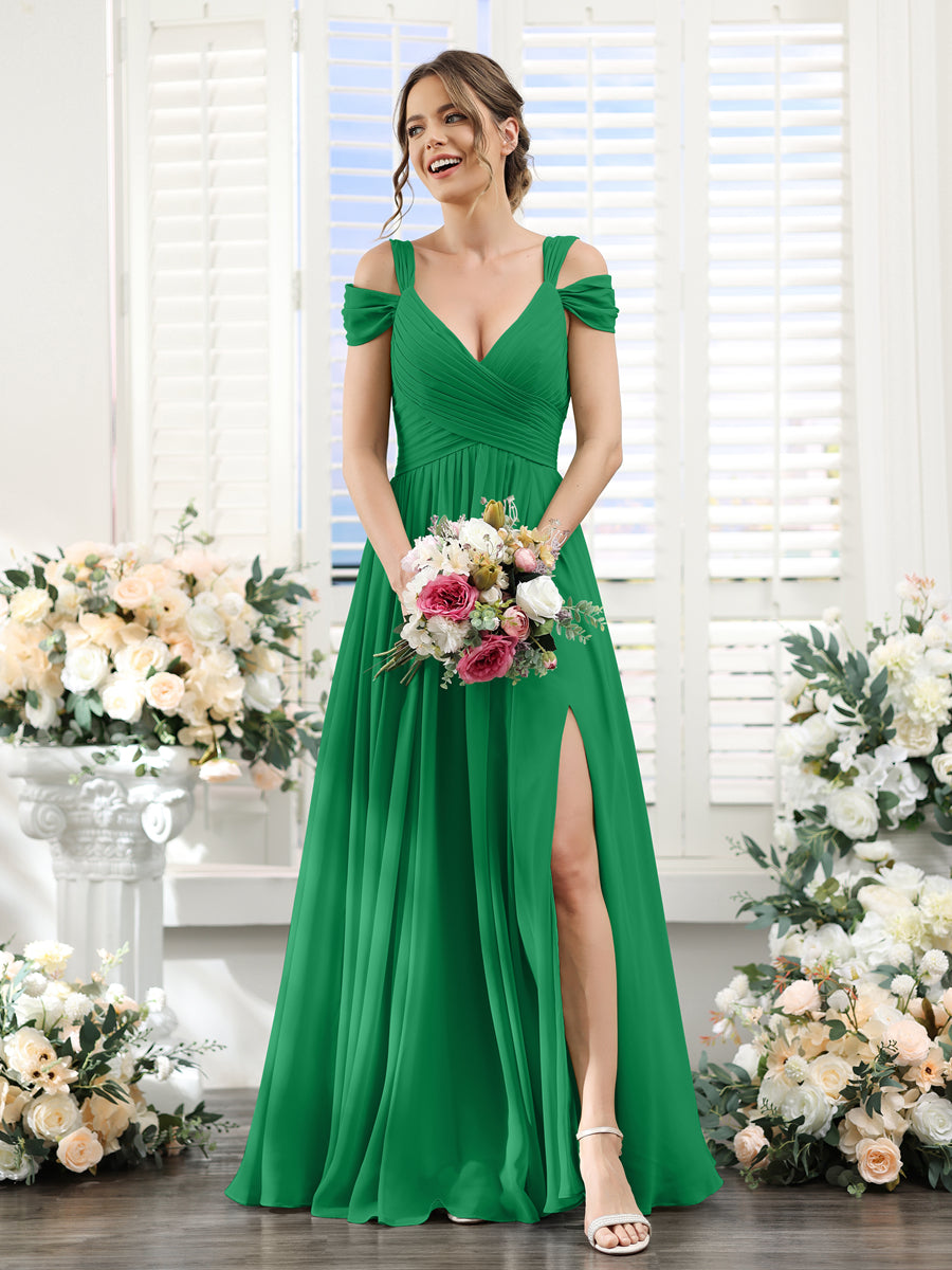 Vestidos de Dama de Honra Em Chiffon Linha A com Decote Em V Dividido Lateral Franzido Até O Chão