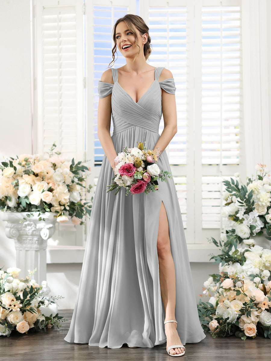 Vestidos de Dama de Honra Em Chiffon Linha A com Decote Em V Dividido Lateral Franzido Até O Chão