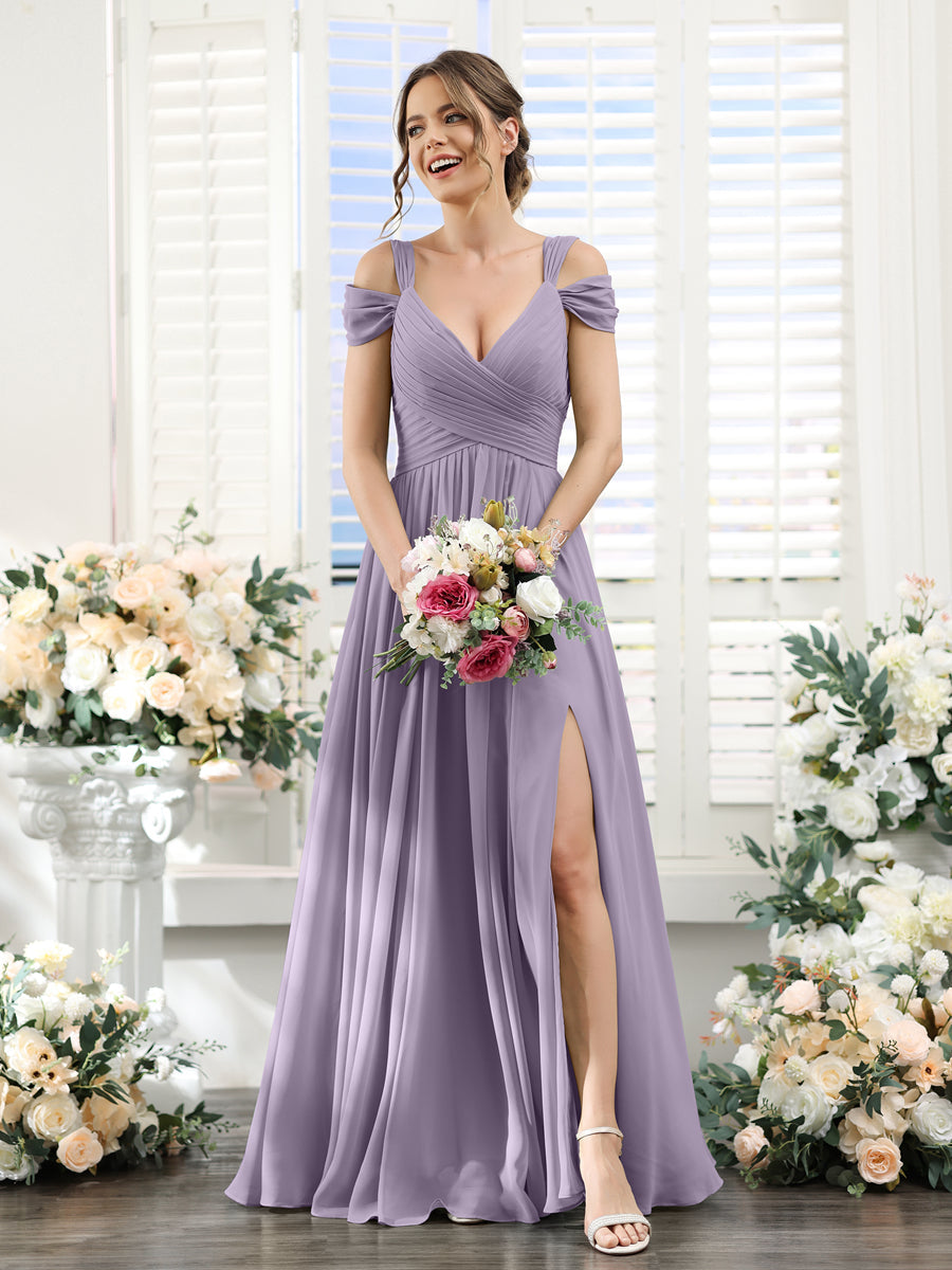 Vestidos de Dama de Honra Em Chiffon Linha A com Decote Em V Dividido Lateral Franzido Até O Chão