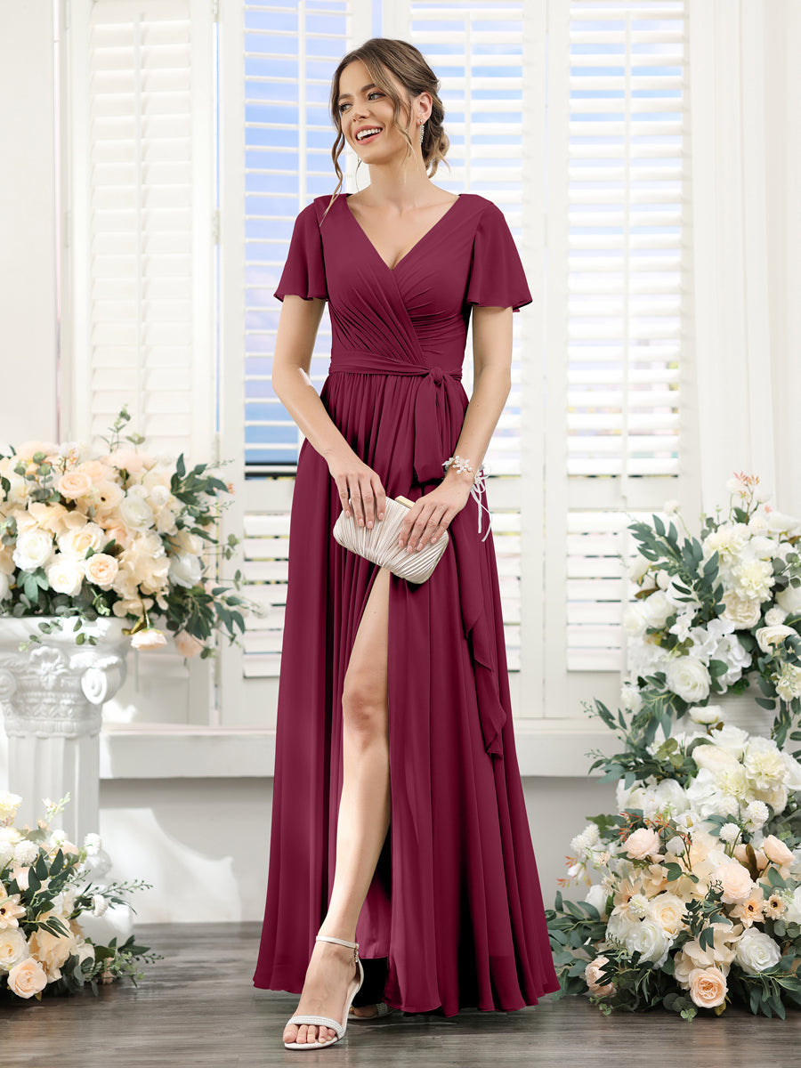 Vestidos de Dama de Honra Em Chiffon com Decote Em V e Mangas Curtas Divididas Laterais Franzidas Até O Chão