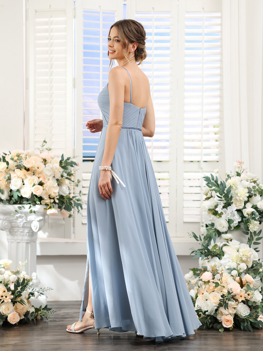 Vestidos de Dama de Honra Em Chiffon Linha A com Decote Em V com Alças Finas e Divisão Lateral Até O Chão