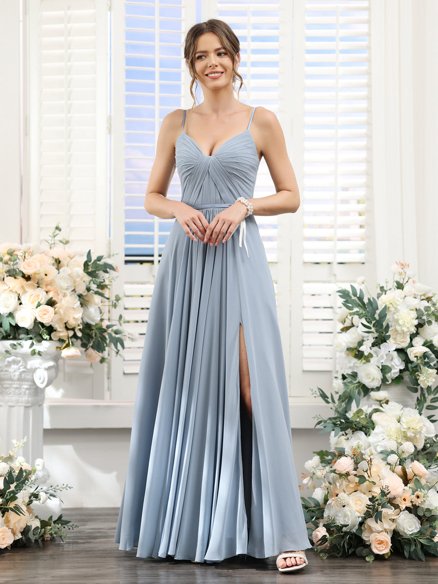 Vestidos de Dama de Honra Em Chiffon Linha A com Decote Em V com Alças Finas e Divisão Lateral Até O Chão