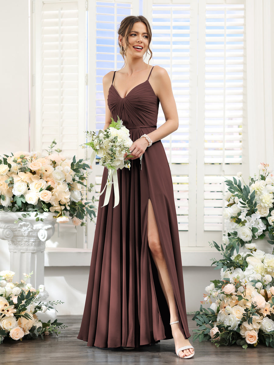 Vestidos de Dama de Honra Em Chiffon Linha A com Decote Em V com Alças Finas e Divisão Lateral Até O Chão
