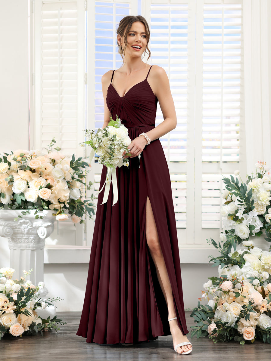 Vestidos de Dama de Honra Em Chiffon Linha A com Decote Em V com Alças Finas e Divisão Lateral Até O Chão