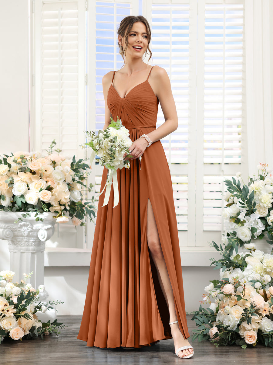Vestidos de Dama de Honra Em Chiffon Linha A com Decote Em V com Alças Finas e Divisão Lateral Até O Chão