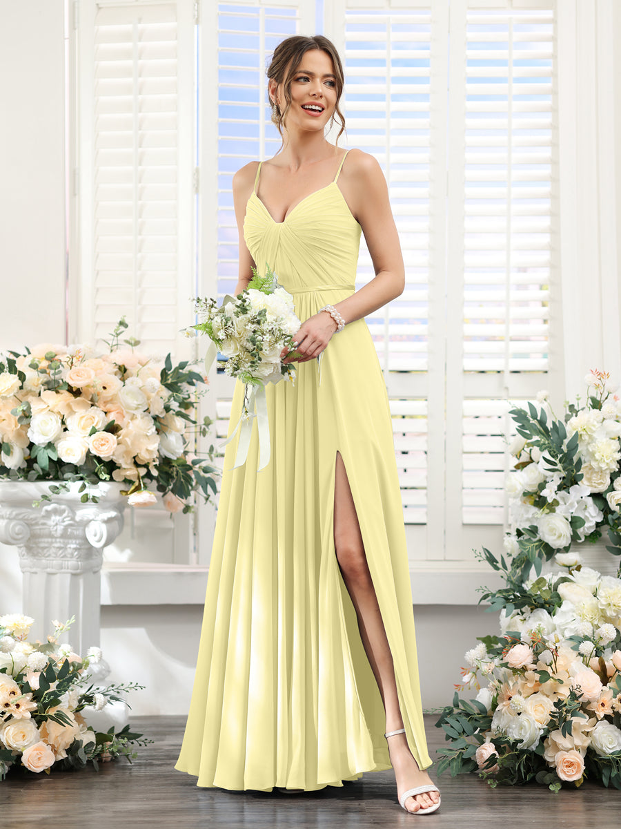 Vestidos de Dama de Honra Em Chiffon Linha A com Decote Em V com Alças Finas e Divisão Lateral Até O Chão