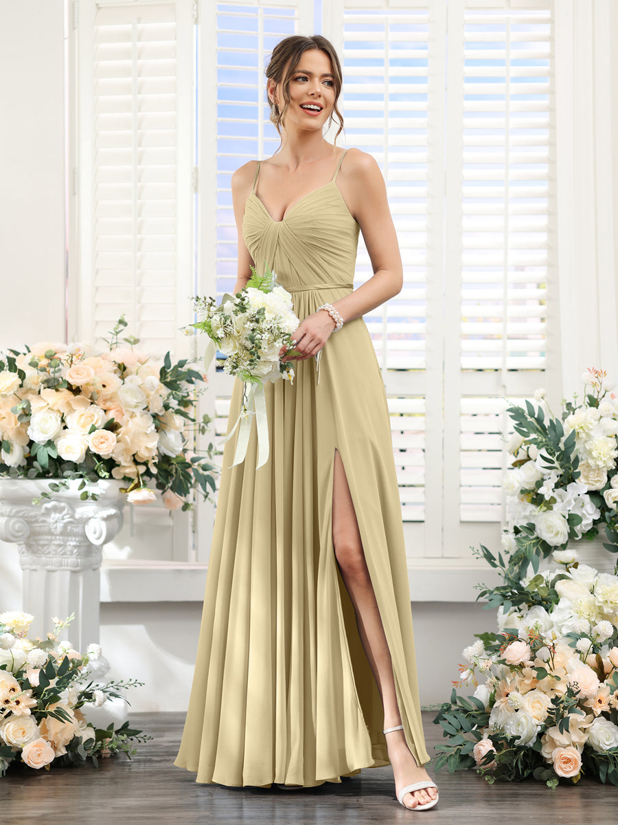 Vestidos de Dama de Honra Em Chiffon Linha A com Decote Em V com Alças Finas e Divisão Lateral Até O Chão