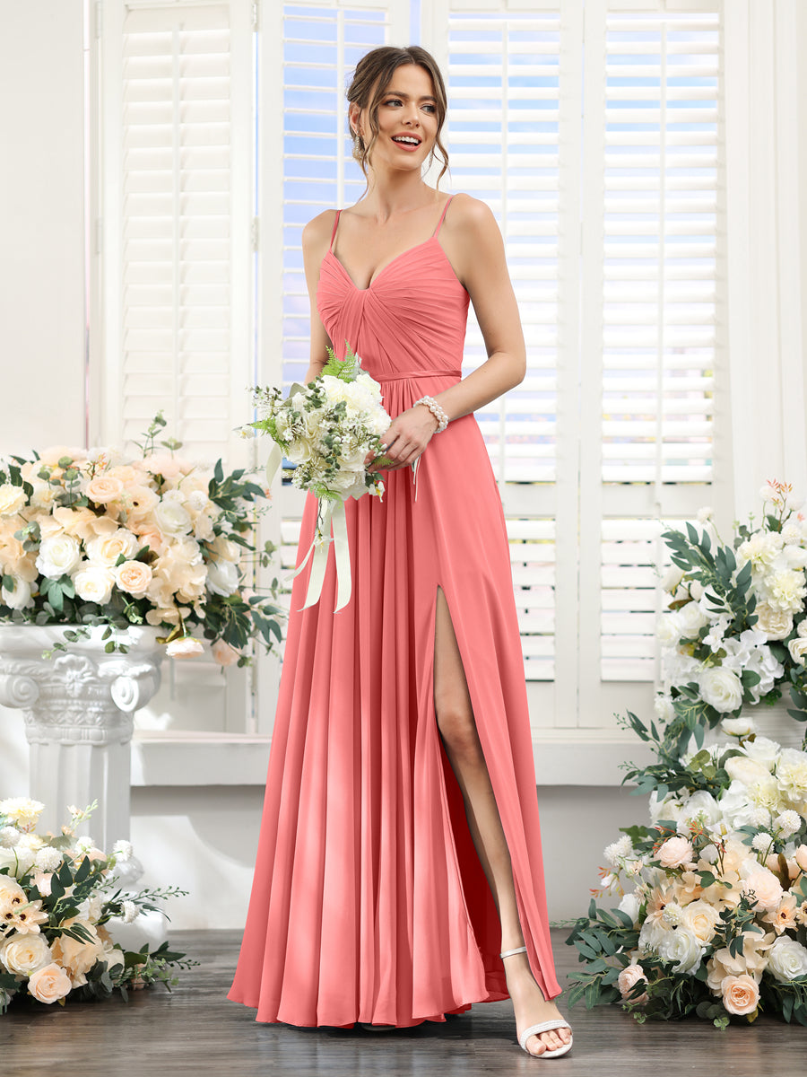 Vestidos de Dama de Honra Em Chiffon Linha A com Decote Em V com Alças Finas e Divisão Lateral Até O Chão
