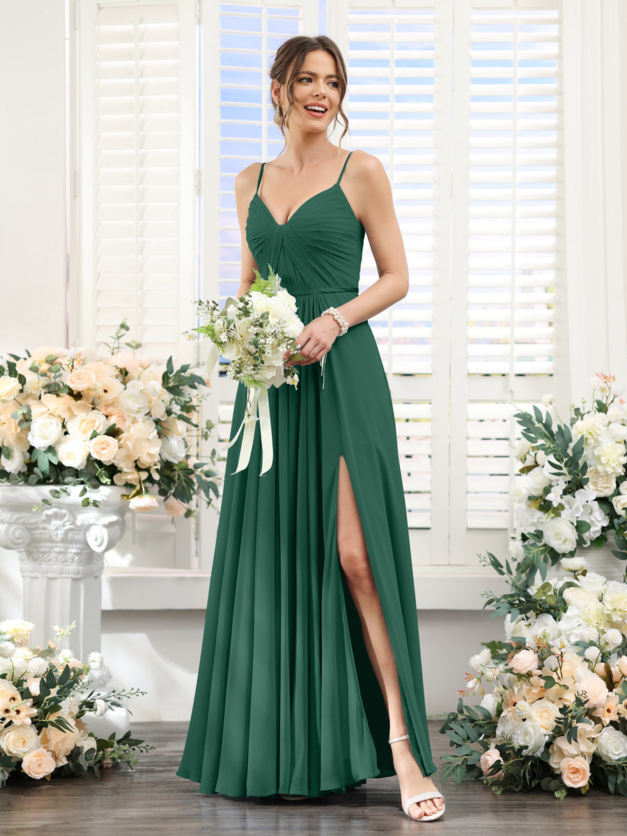 Vestidos de Dama de Honra Em Chiffon Linha A com Decote Em V com Alças Finas e Divisão Lateral Até O Chão