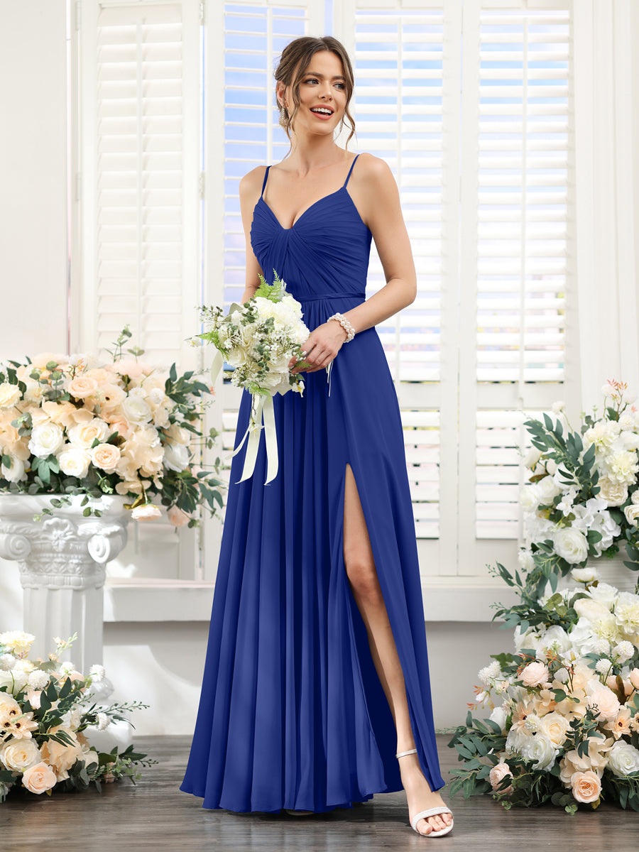 Vestidos de Dama de Honra Em Chiffon Linha A com Decote Em V com Alças Finas e Divisão Lateral Até O Chão