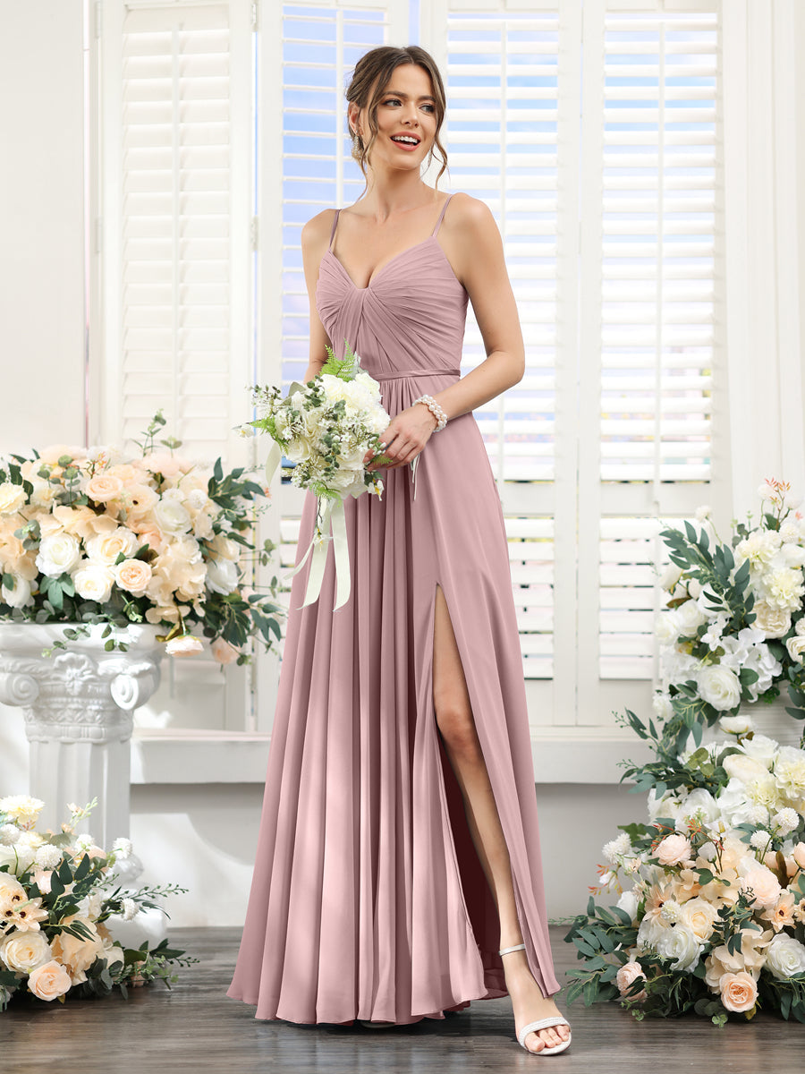 Vestidos de Dama de Honra Em Chiffon Linha A com Decote Em V com Alças Finas e Divisão Lateral Até O Chão