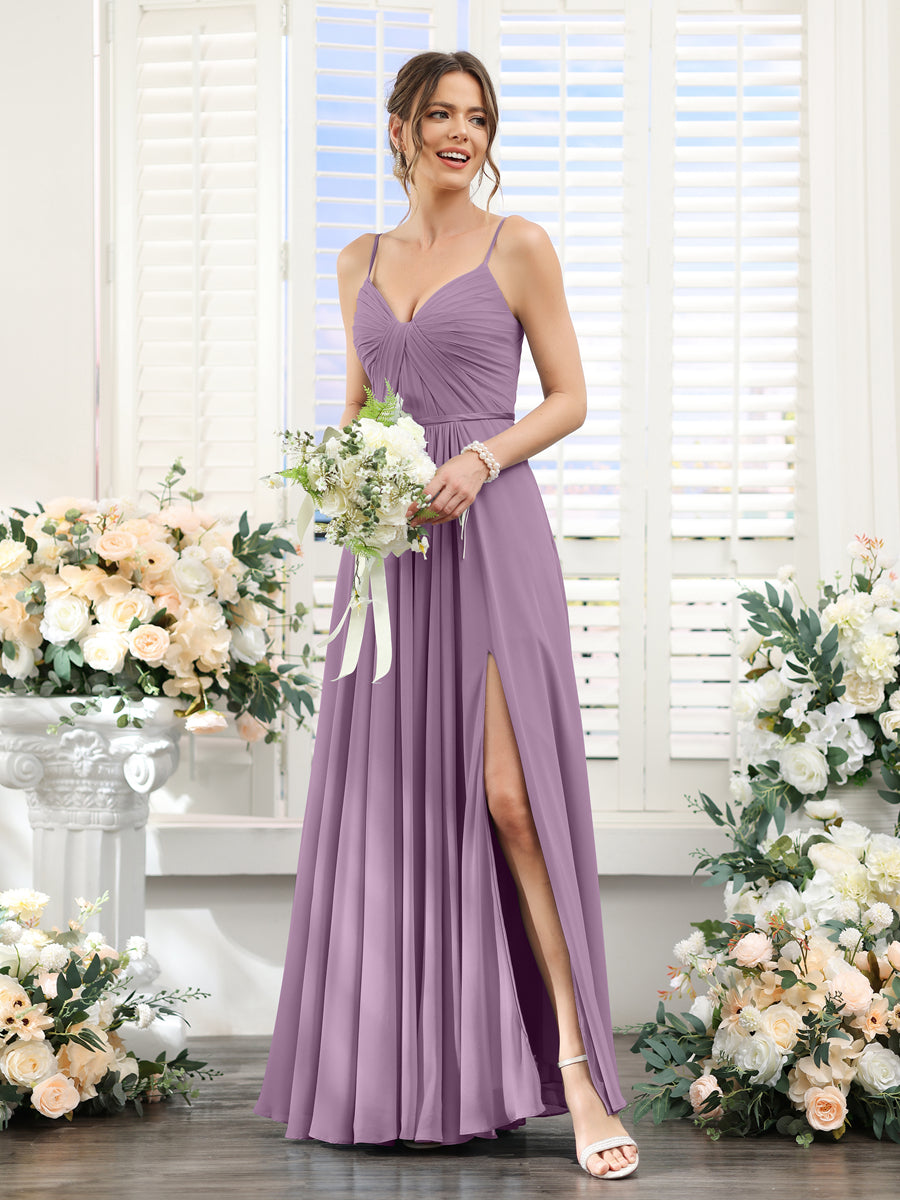 Vestidos de Dama de Honra Em Chiffon Linha A com Decote Em V com Alças Finas e Divisão Lateral Até O Chão
