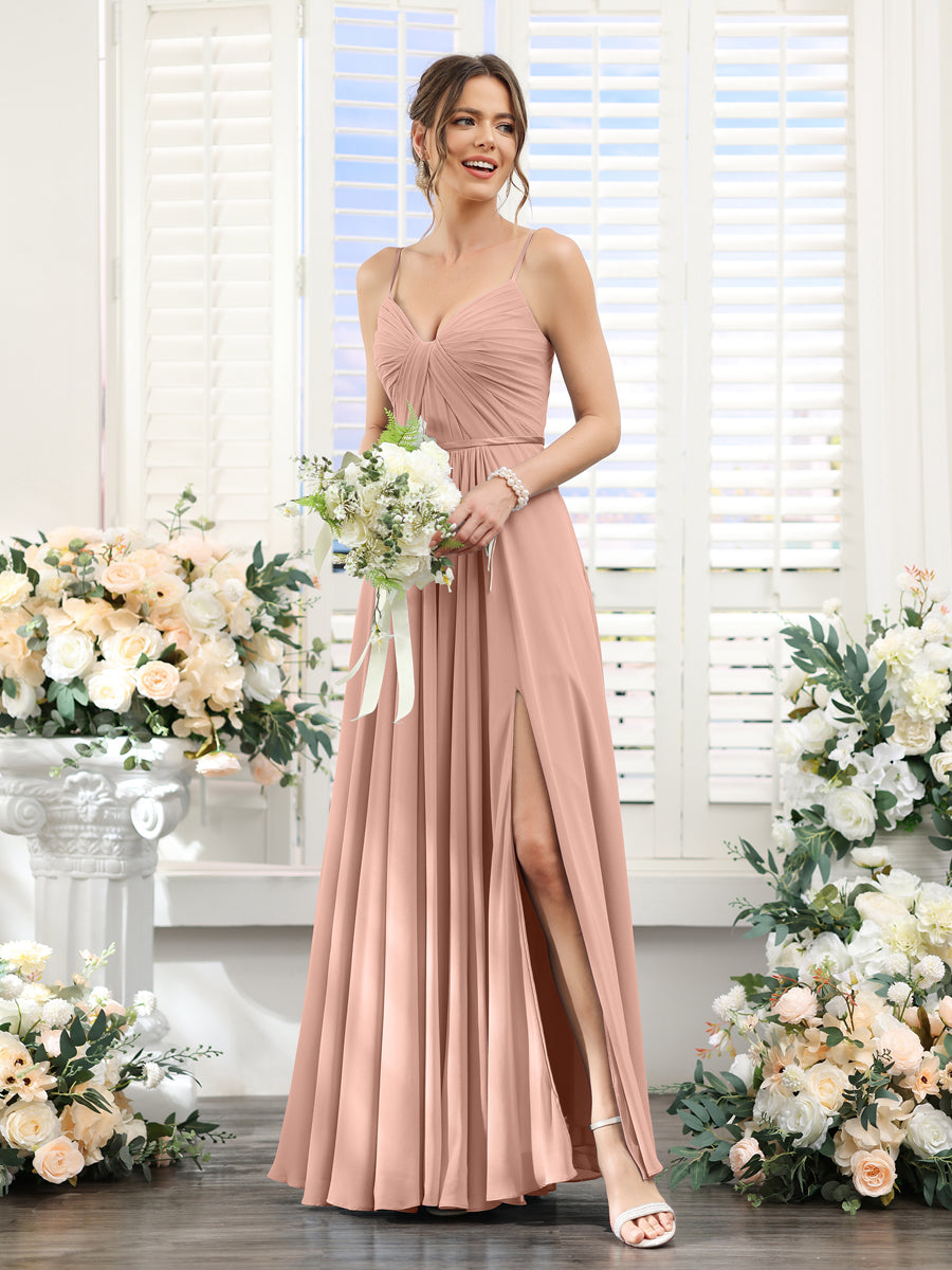Vestidos de Dama de Honra Em Chiffon Linha A com Decote Em V com Alças Finas e Divisão Lateral Até O Chão