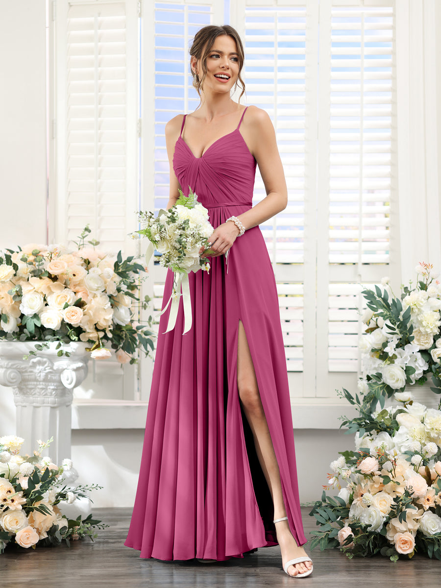 Vestidos de Dama de Honra Em Chiffon Linha A com Decote Em V com Alças Finas e Divisão Lateral Até O Chão