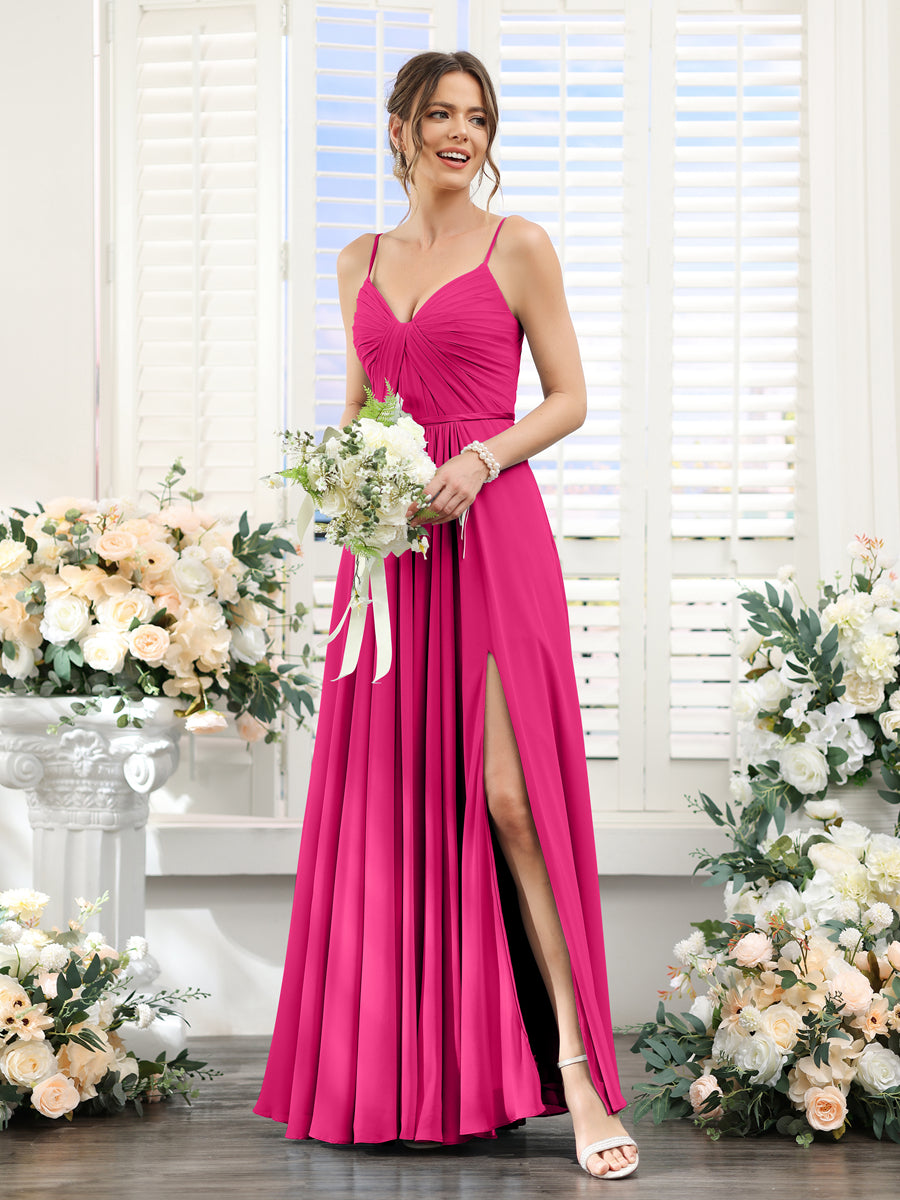 Vestidos de Dama de Honra Em Chiffon Linha A com Decote Em V com Alças Finas e Divisão Lateral Até O Chão