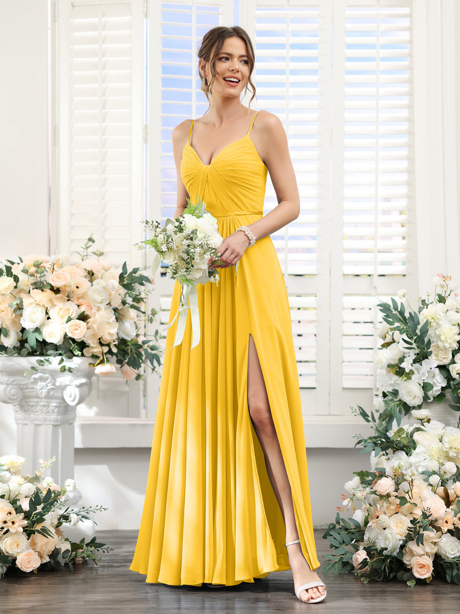Vestidos de Dama de Honra Em Chiffon Linha A com Decote Em V com Alças Finas e Divisão Lateral Até O Chão