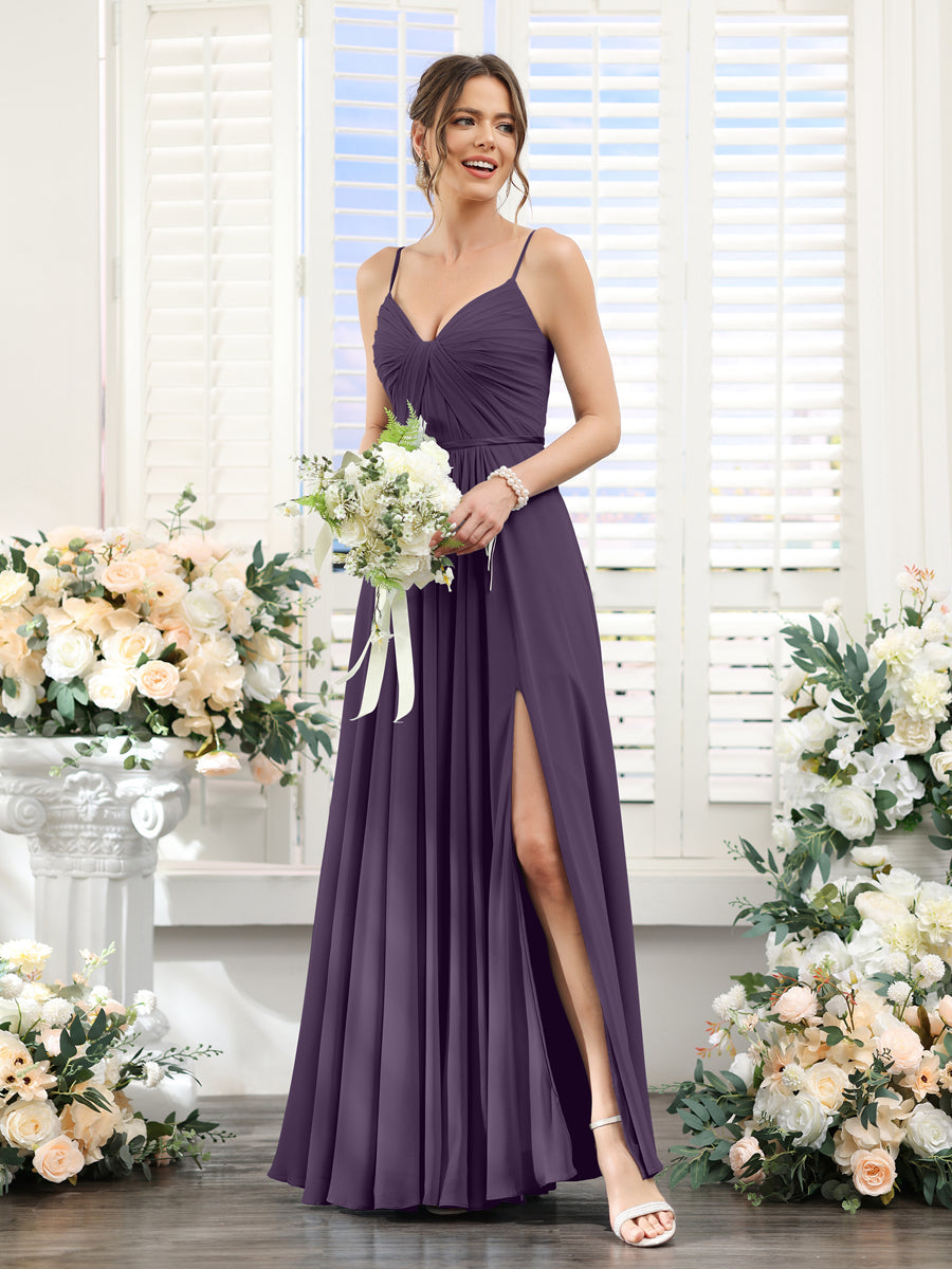 Vestidos de Dama de Honra Em Chiffon Linha A com Decote Em V com Alças Finas e Divisão Lateral Até O Chão
