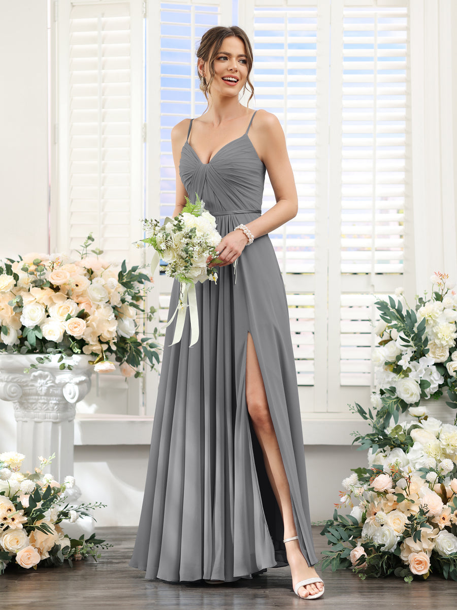 Vestidos de Dama de Honra Em Chiffon Linha A com Decote Em V com Alças Finas e Divisão Lateral Até O Chão
