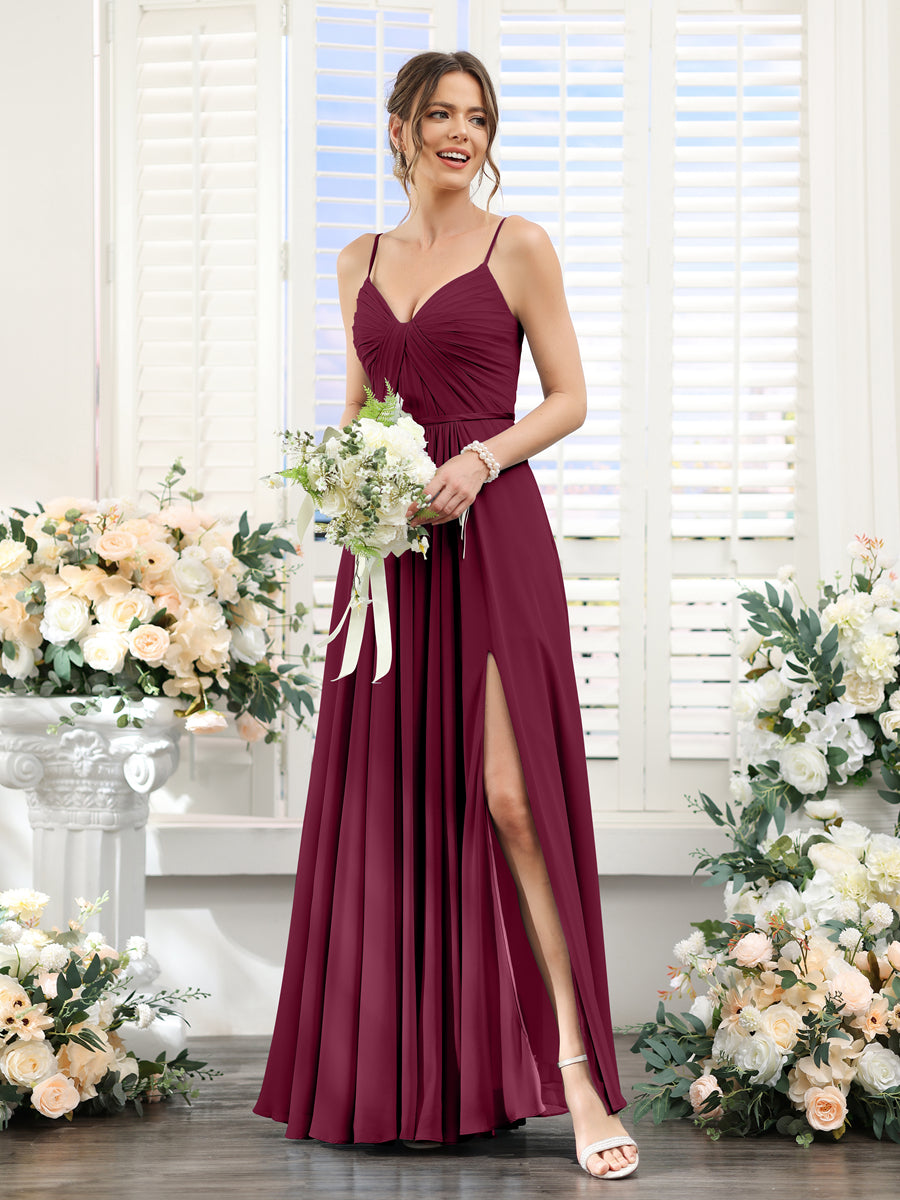 Vestidos de Dama de Honra Em Chiffon Linha A com Decote Em V com Alças Finas e Divisão Lateral Até O Chão
