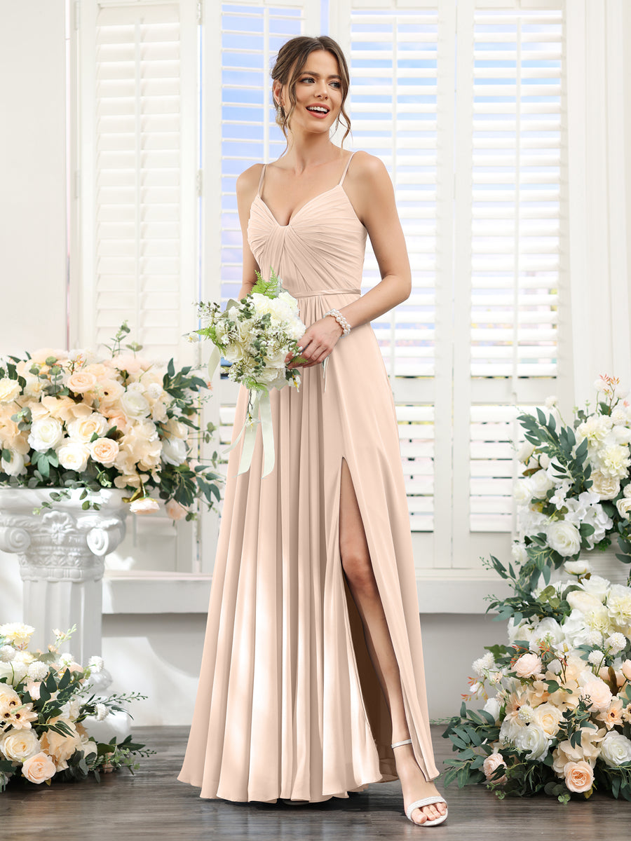 Vestidos de Dama de Honra Em Chiffon Linha A com Decote Em V com Alças Finas e Divisão Lateral Até O Chão