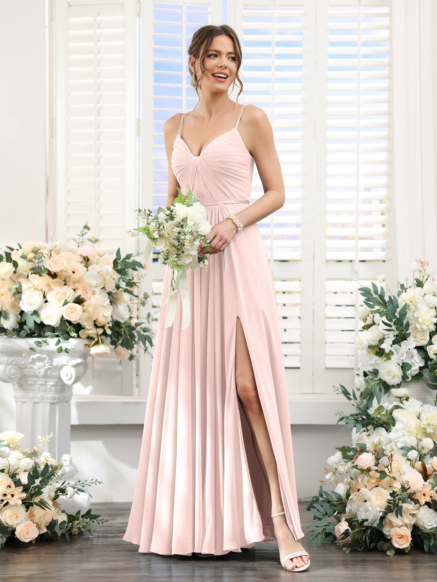 Vestidos de Dama de Honra Em Chiffon Linha A com Decote Em V com Alças Finas e Divisão Lateral Até O Chão