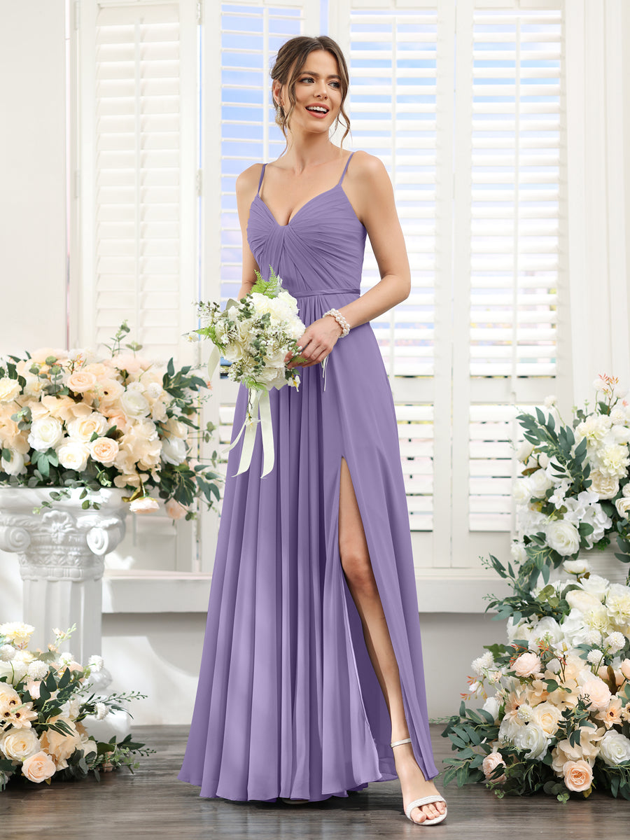 Vestidos de Dama de Honra Em Chiffon Linha A com Decote Em V com Alças Finas e Divisão Lateral Até O Chão