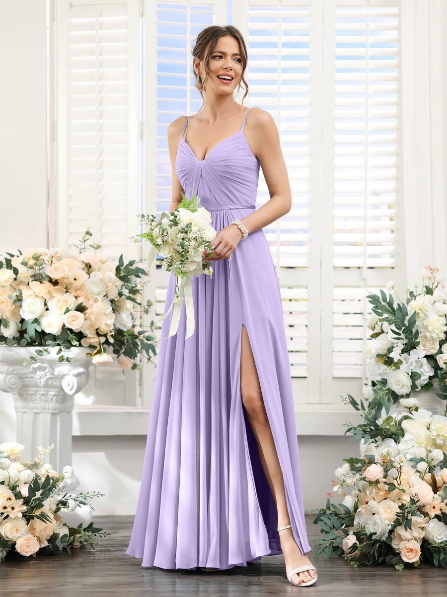 Vestidos de Dama de Honra Em Chiffon Linha A com Decote Em V com Alças Finas e Divisão Lateral Até O Chão