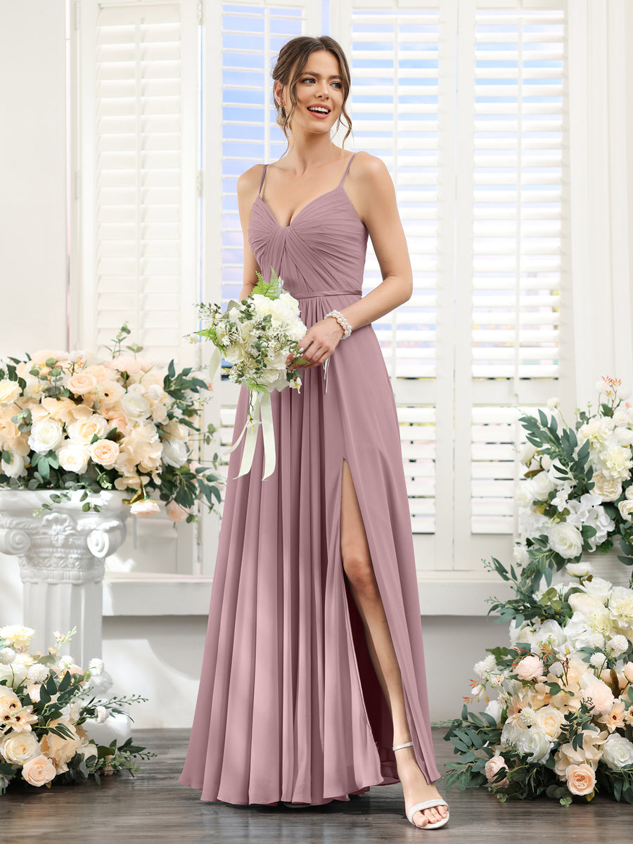 Vestidos de Dama de Honra Em Chiffon Linha A com Decote Em V com Alças Finas e Divisão Lateral Até O Chão