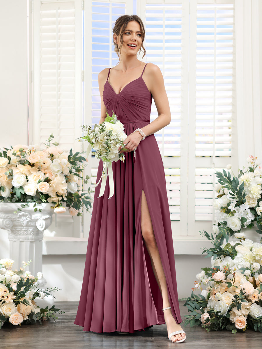 Vestidos de Dama de Honra Em Chiffon Linha A com Decote Em V com Alças Finas e Divisão Lateral Até O Chão