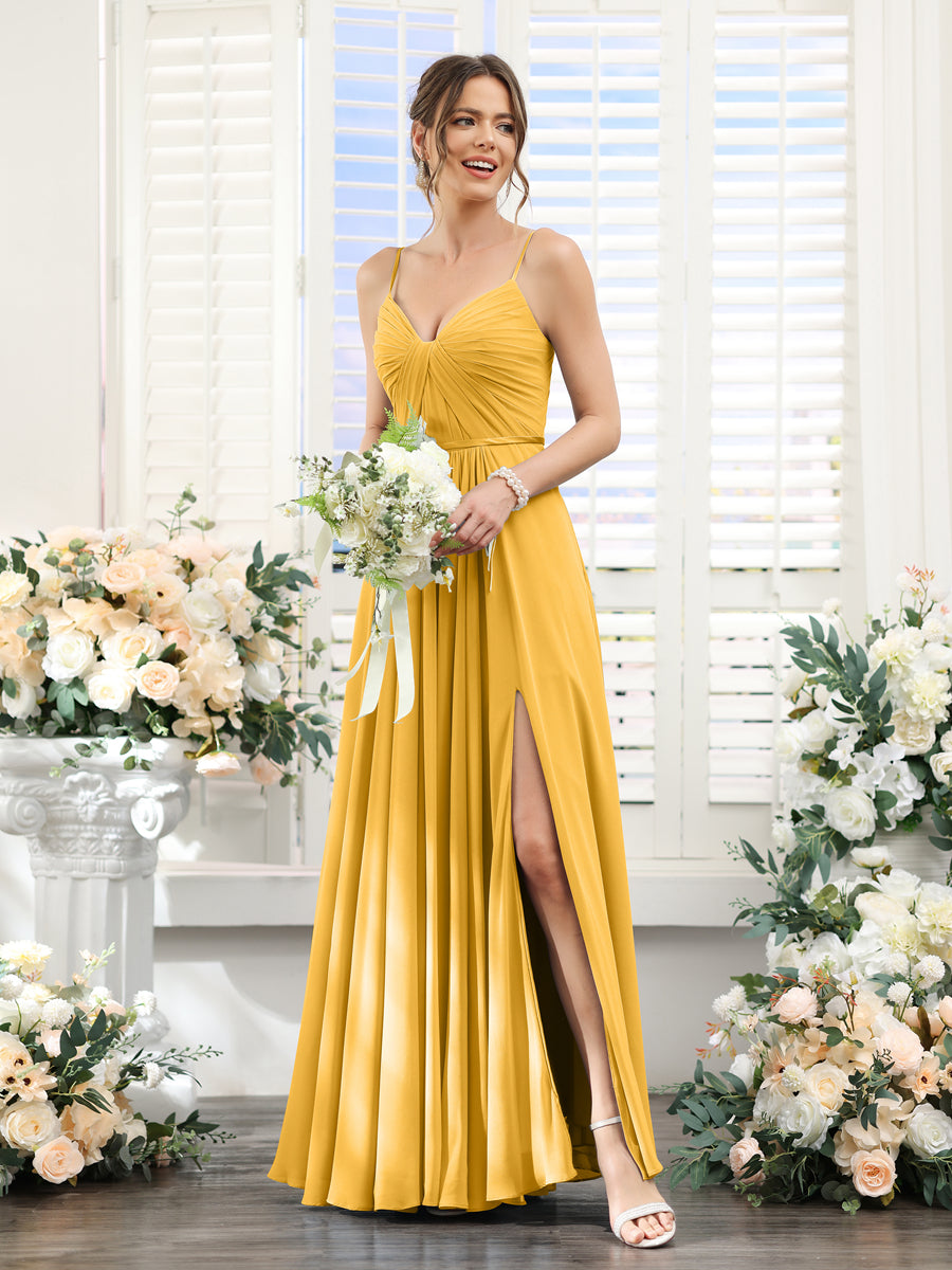 Vestidos de Dama de Honra Em Chiffon Linha A com Decote Em V com Alças Finas e Divisão Lateral Até O Chão