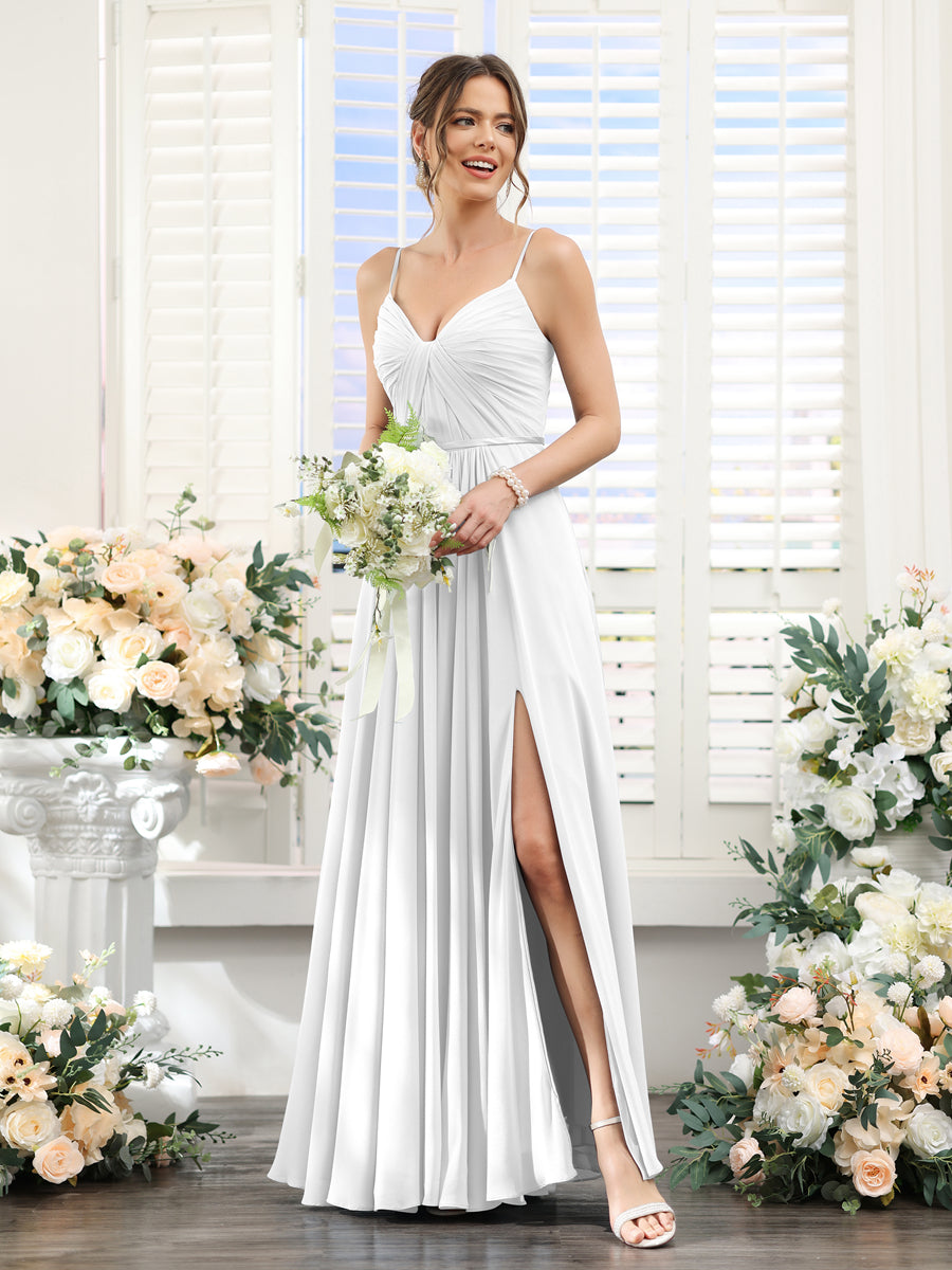 Vestidos de Dama de Honra Em Chiffon Linha A com Decote Em V com Alças Finas e Divisão Lateral Até O Chão