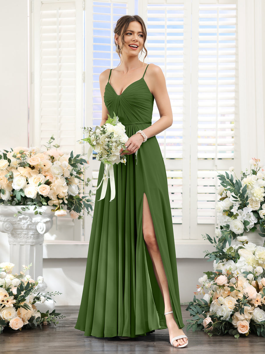 Vestidos de Dama de Honra Em Chiffon Linha A com Decote Em V com Alças Finas e Divisão Lateral Até O Chão